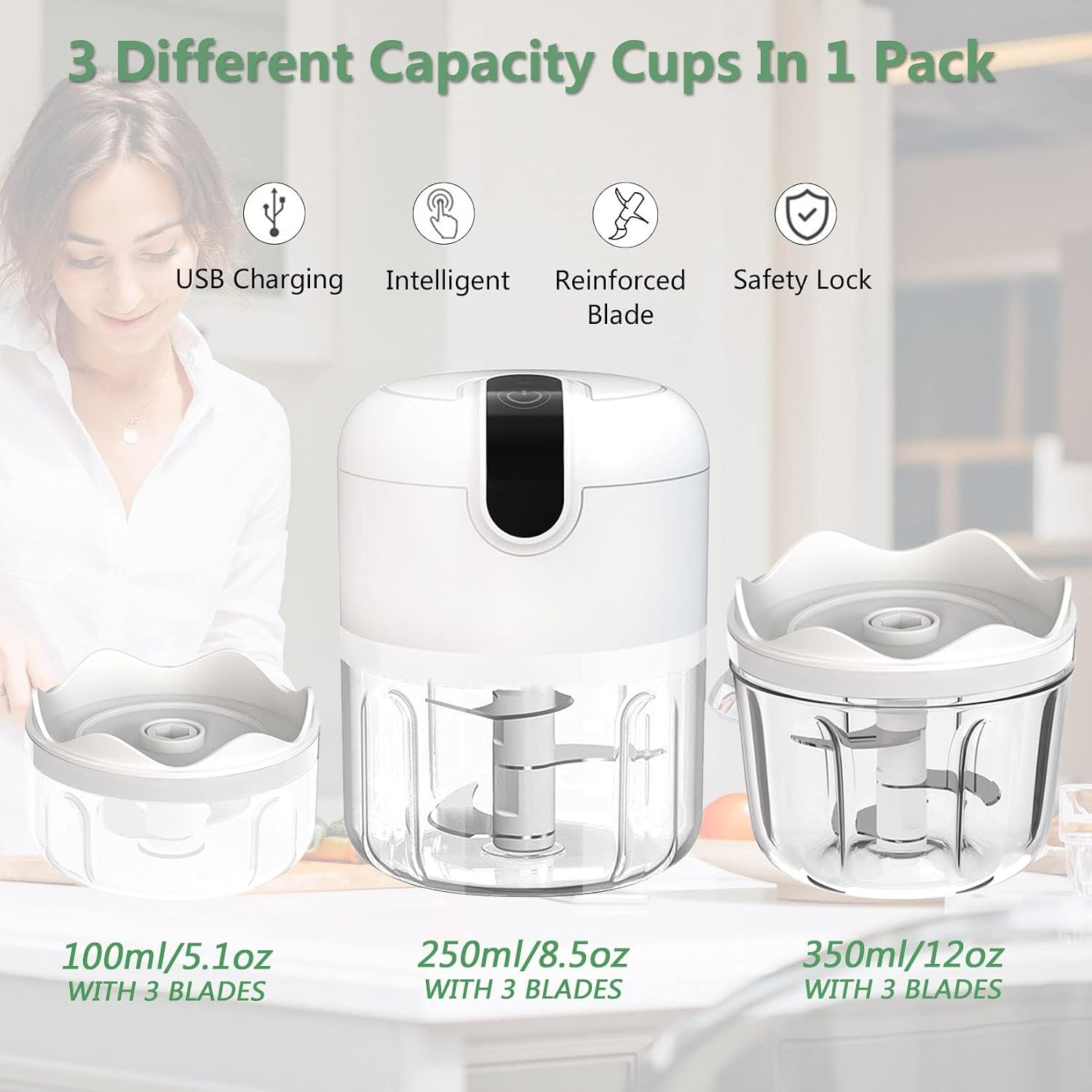 White 3 CUP Electric mini garlic crusher, USB rechargeable portable electric food crusher, wireless small kitchen processor for crushing garlic, ginger, chili, minced meat, onions, etc.(350 250 100ml)